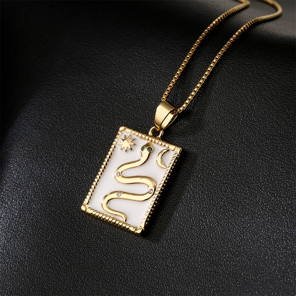 Vintage-Style Snake Totem Pendant Necklace in Copper with 18K Gold Plating, Enamel Finish, and Rhinestone Inlay