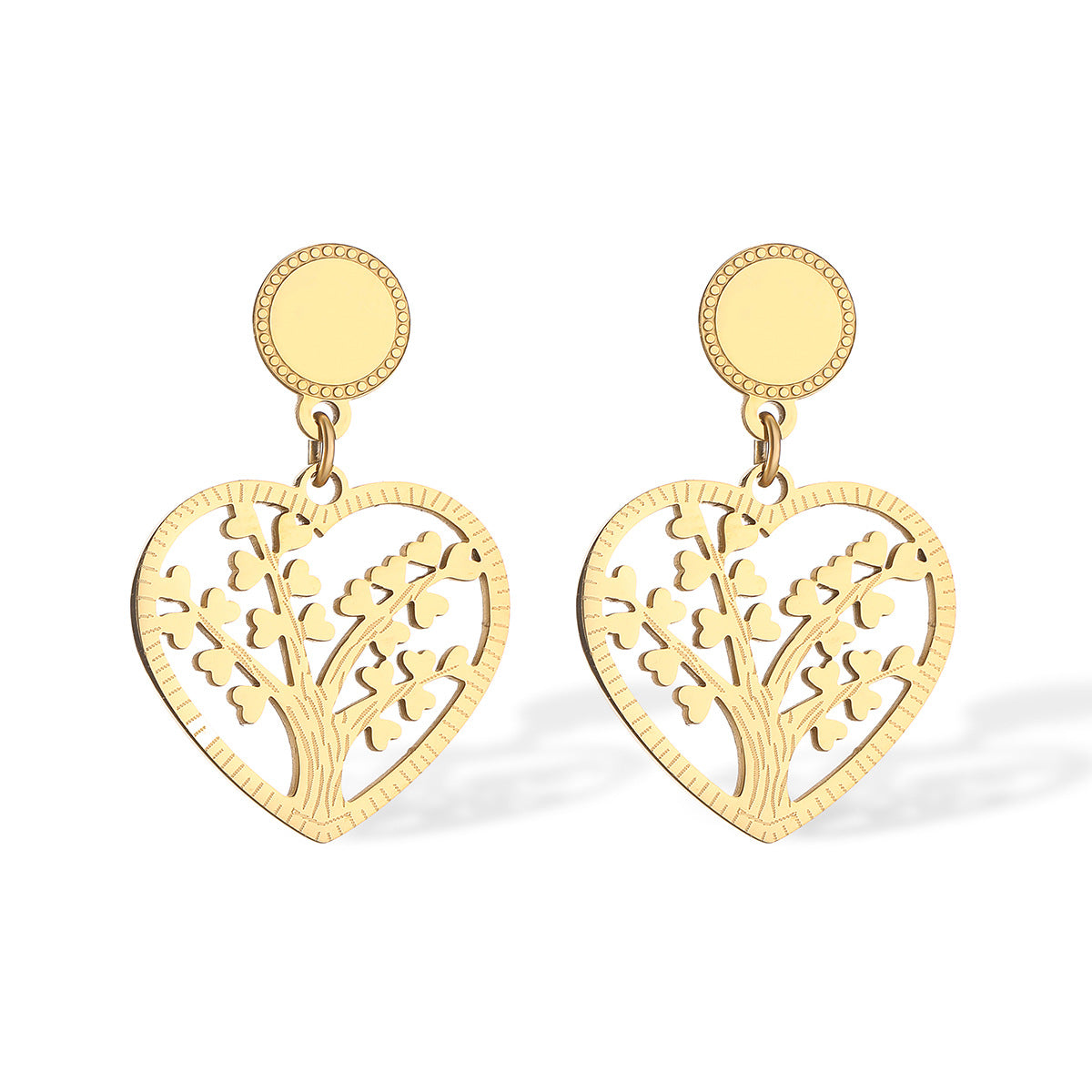 Orecchini da donna in acciaio al titanio a forma di cuore con Albero della Vita intagliato minimalista