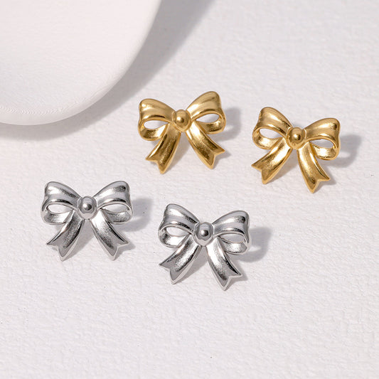 Minimalist Fashion Bow-Shaped Stainless Steel Stud Earrings for Women with Plated Finish