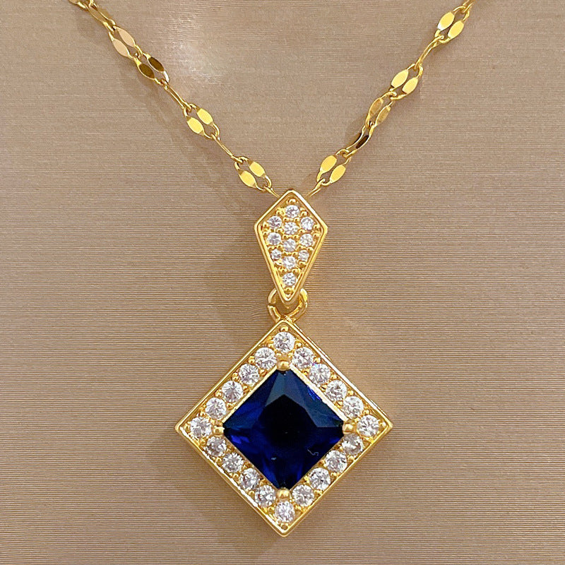 Luxury Titanium Steel Geometric Blue Rhombus Necklace and Earrings Set for Women Formal Events