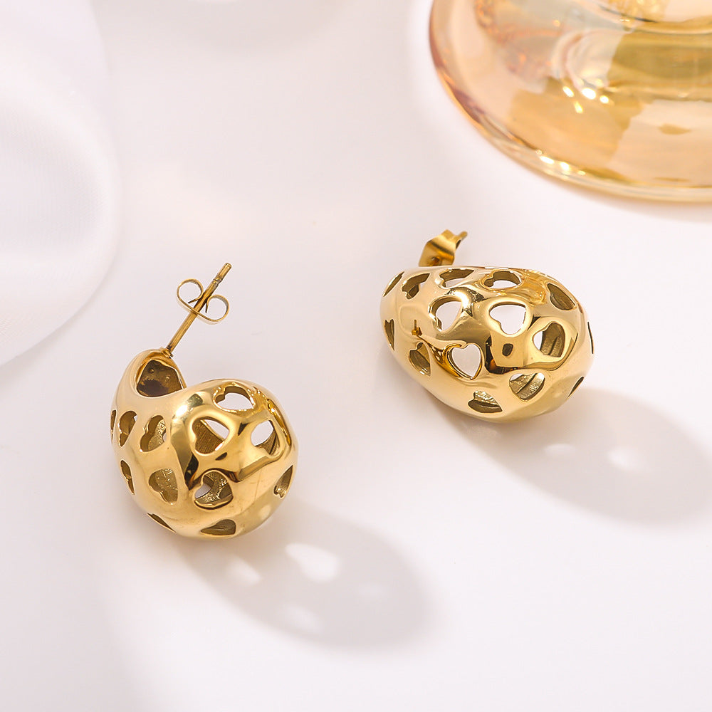 Minimalist Hollow Heart and Teardrop Stainless Steel Stud Earrings with 18K Vacuum Plating for Women