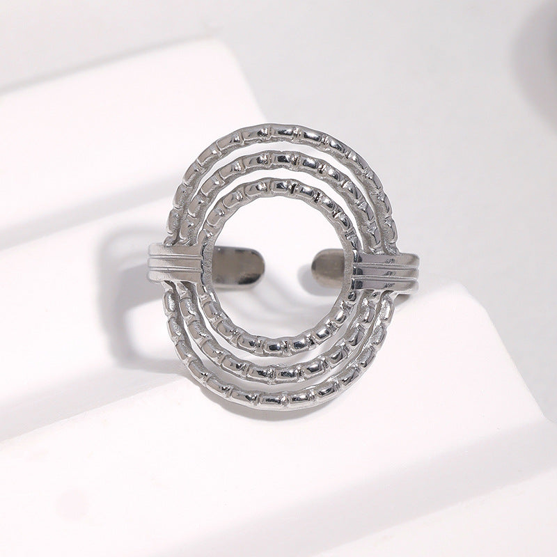 Elegant Minimalist Geometric Round Textured 18K Gold Plated Stainless Steel Open Ring for Women