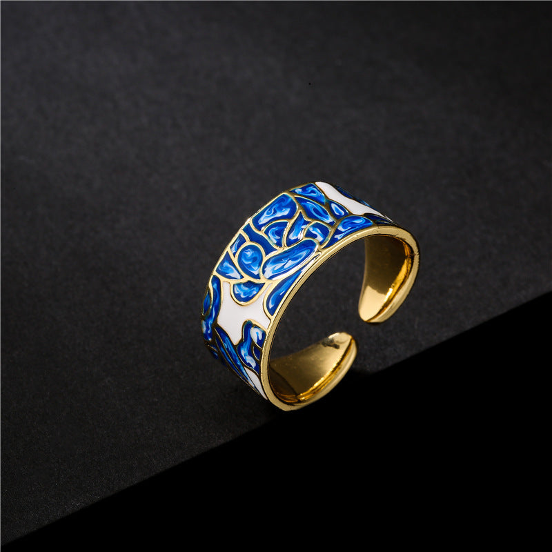 Minimalist Geometric Enamel Ring for Women Adjustable Copper Band with Blue-and-White Porcelain-Inspired Design