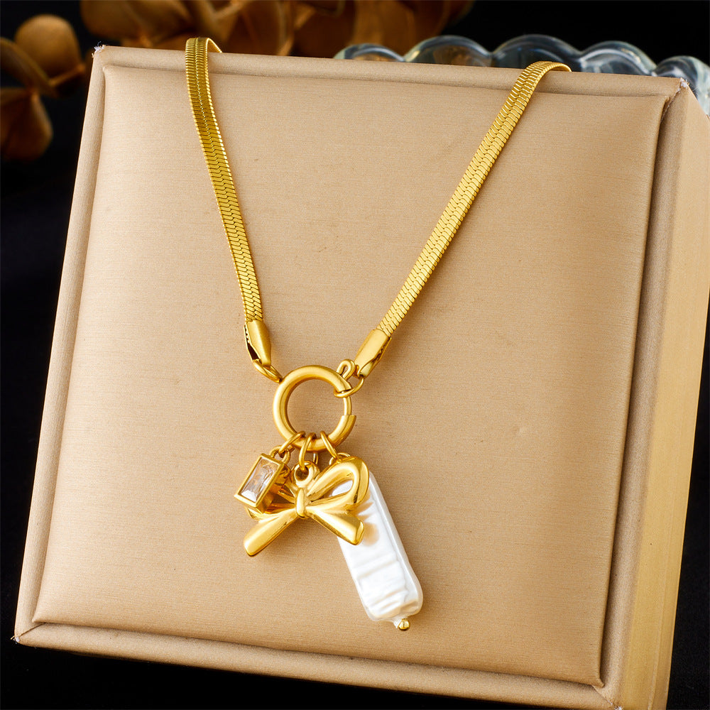 Vintage Elegant Gold Plated Stainless Steel Heart Bow Pearl Pendant Necklace