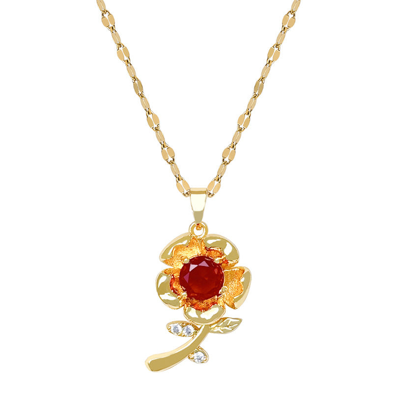 Sweet Red Rose and Moon Rhinestone Pendant Titanium Steel Necklace Set for Unisex