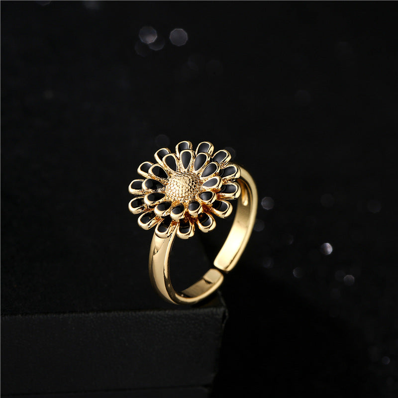 Fashion Geometric Floral Drip Oil Gold Plated Brass Sunflower Open Ring for Women