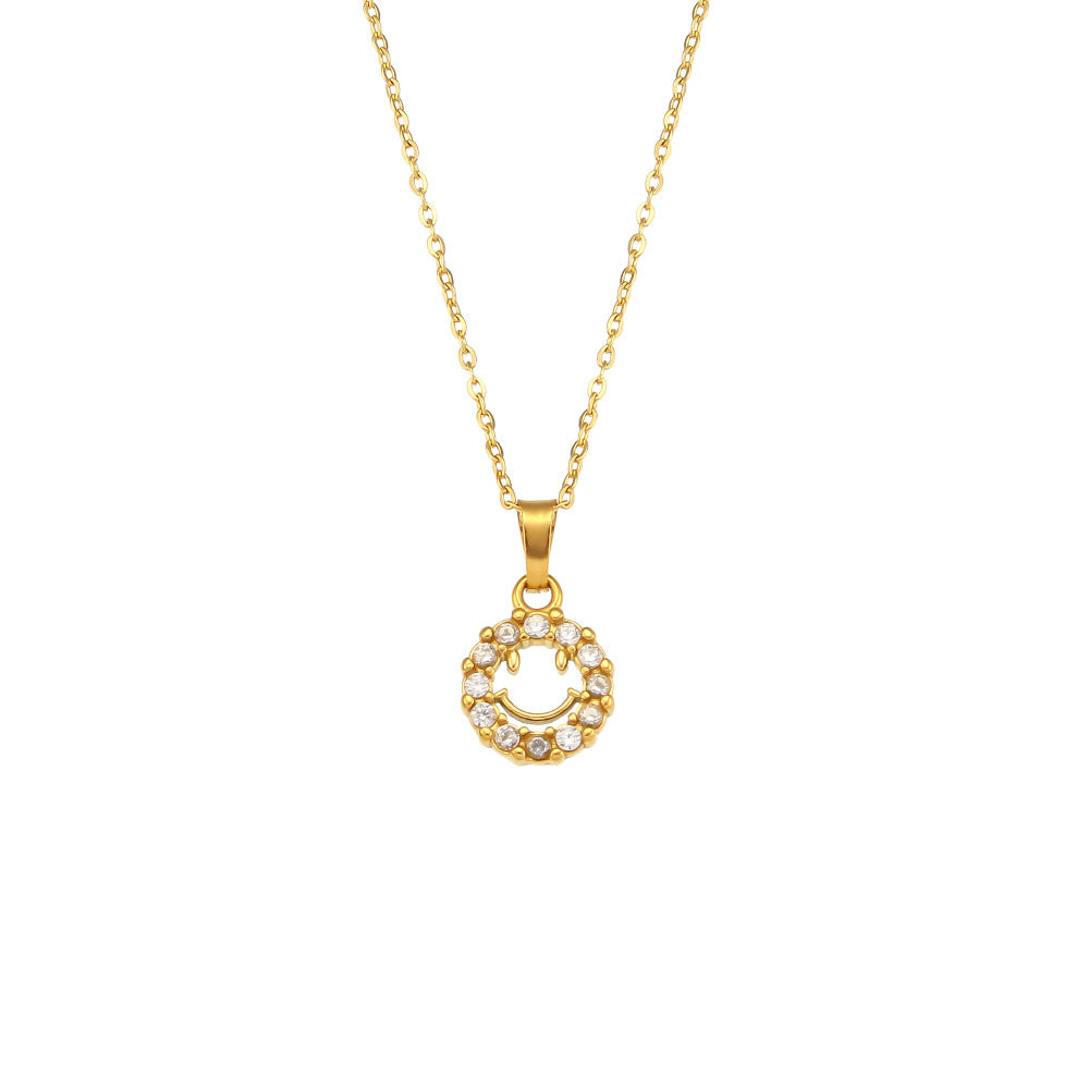 Fashion Minimalist Geometric Hollow Smile Face Pendant Necklace Stainless Steel 18K Gold Plated Cubic Zirconia for Women