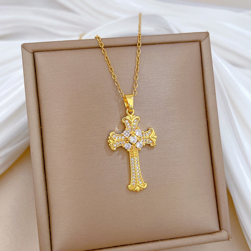 Sweet Minimalist Rhinestone Cross Geometric Titanium Steel Necklace for Unisex