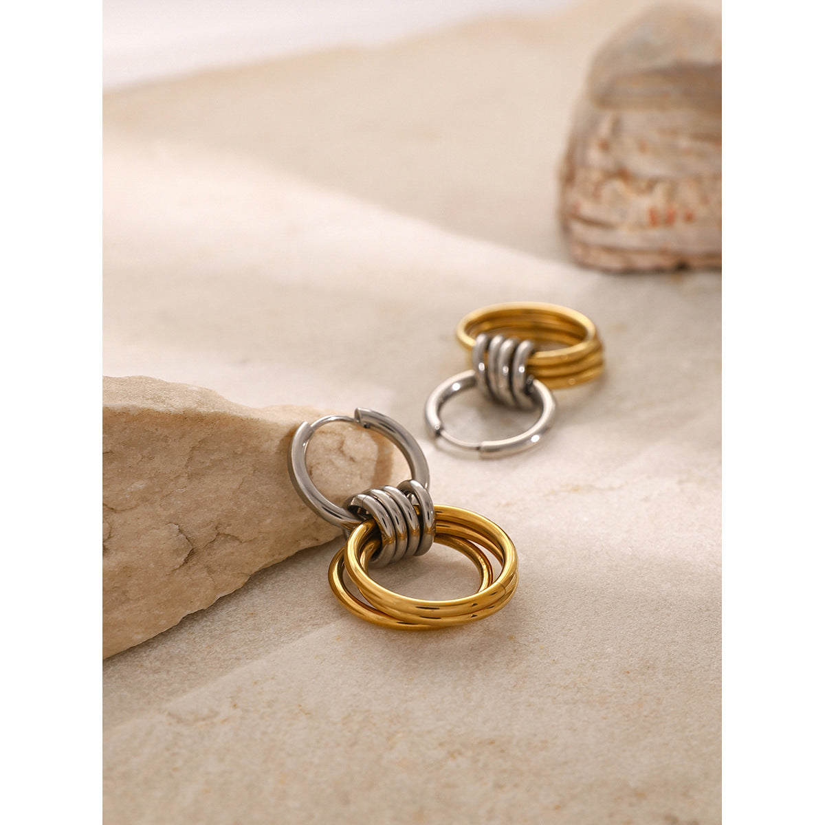 Two-Tone Polished 18K Gold Plated Stainless Steel Round Geometric Hoop Earrings with Three Gold Rings