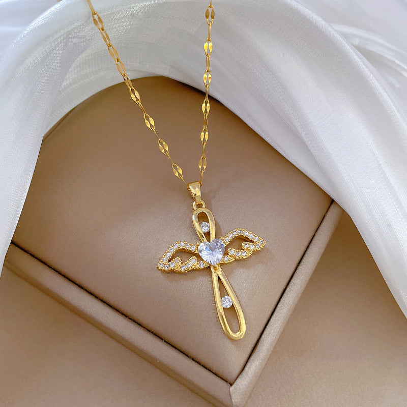 Collana a croce geometrica di lusso in acciaio al titanio per donna con catena alla clavicola e intarsio di strass