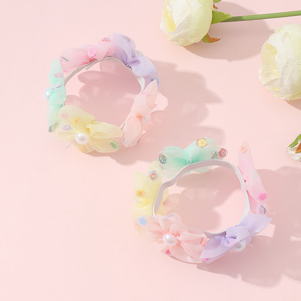 Set Minimalista di Elastici per Capelli per Bambina in Tulle Bianco con Fiori e Decorazioni di Perle