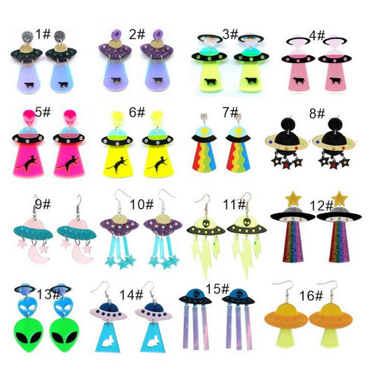 Pendientes de platillo volador alienígena OVNI con luna, estrella, vaca, gato y arco iris de acrílico extragrande para mujer con detalle cortado a láser