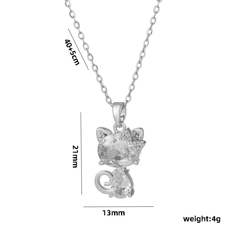 Graziosa collana con ciondolo a forma di gatto per donna in acciaio al titanio con strass micro-pavé, catena ad anelli, design minimalista e di tendenza