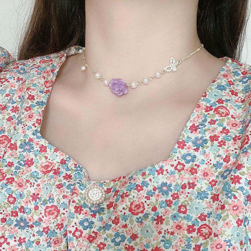 Sweet Teardrop Floral Pearl Pendant Titanium Steel Necklace for Women and Men