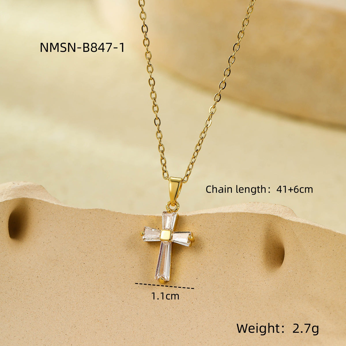Collar con colgante de cruz geométrica minimalista para mujer en acero inoxidable con baño de oro de 18 quilates e incrustaciones de circonitas blancas