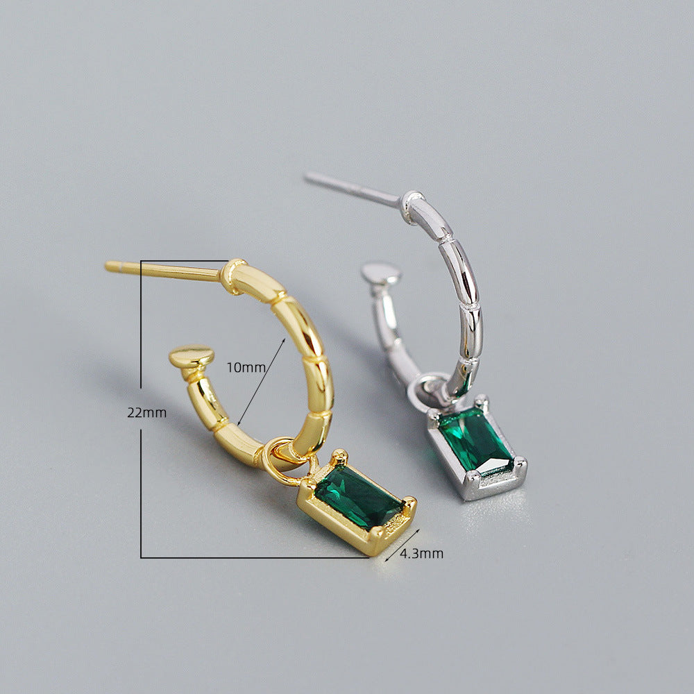 Elegant 925 Sterling Silver Geometric C-Shaped Earrings with Emerald Cubic Zirconia Inlay for Women