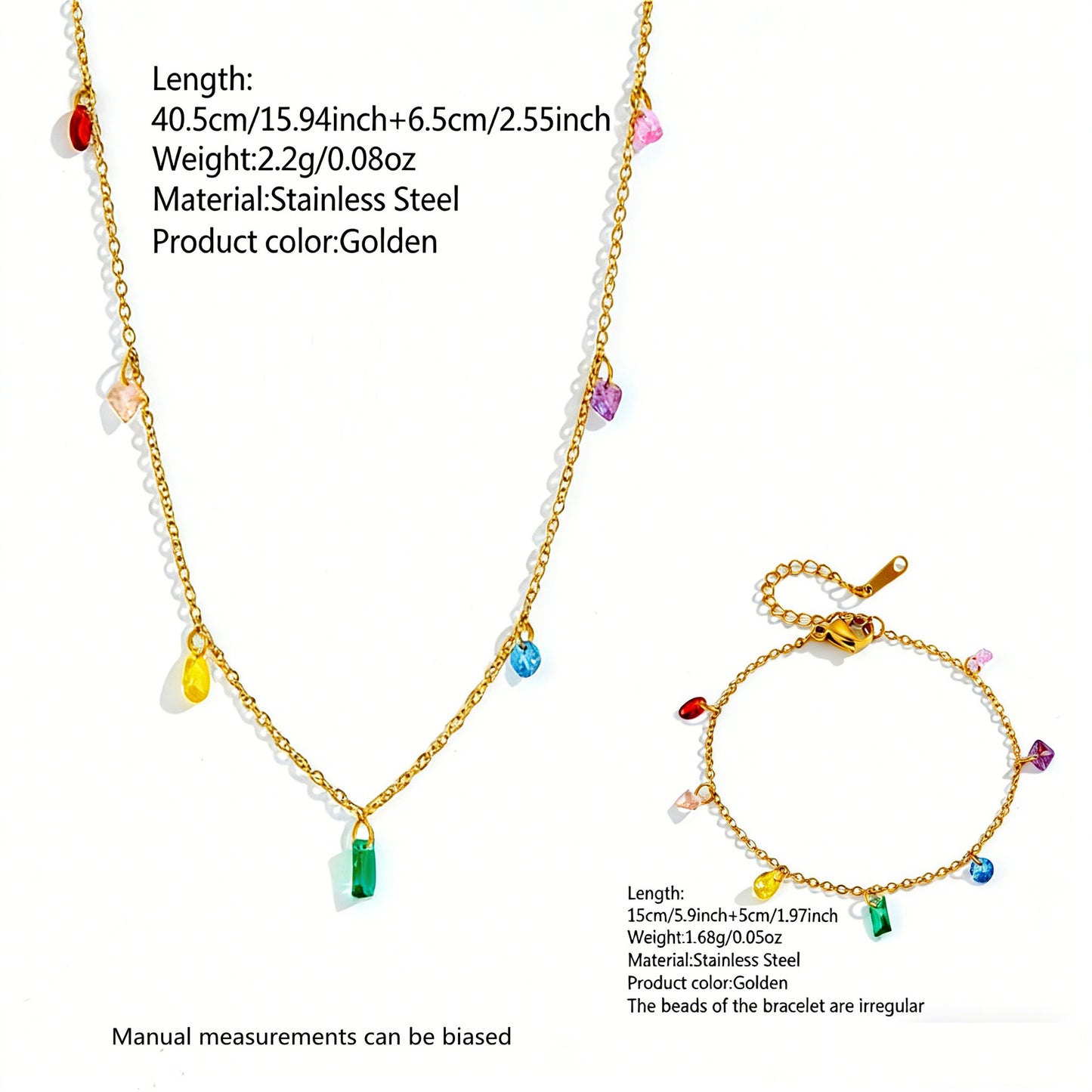 Luxury Geometric Stainless Steel and Titanium Steel Necklace and Bracelet Set with Cubic Zirconia 18K Gold Plated for Women
