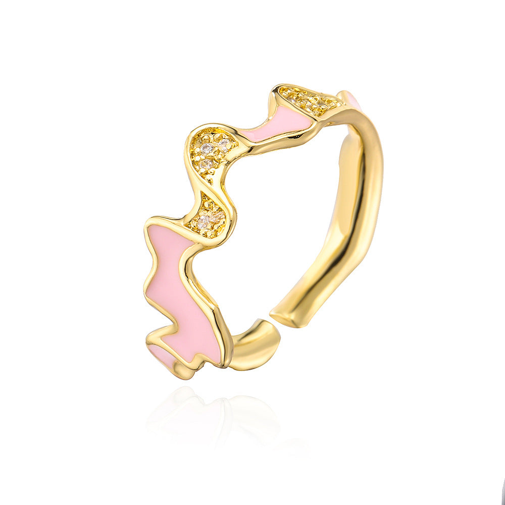 INS Style Irregular Geometric Open Ring for Women Made of Copper with 18K Gold Plating and Enamel-Set Zirconia