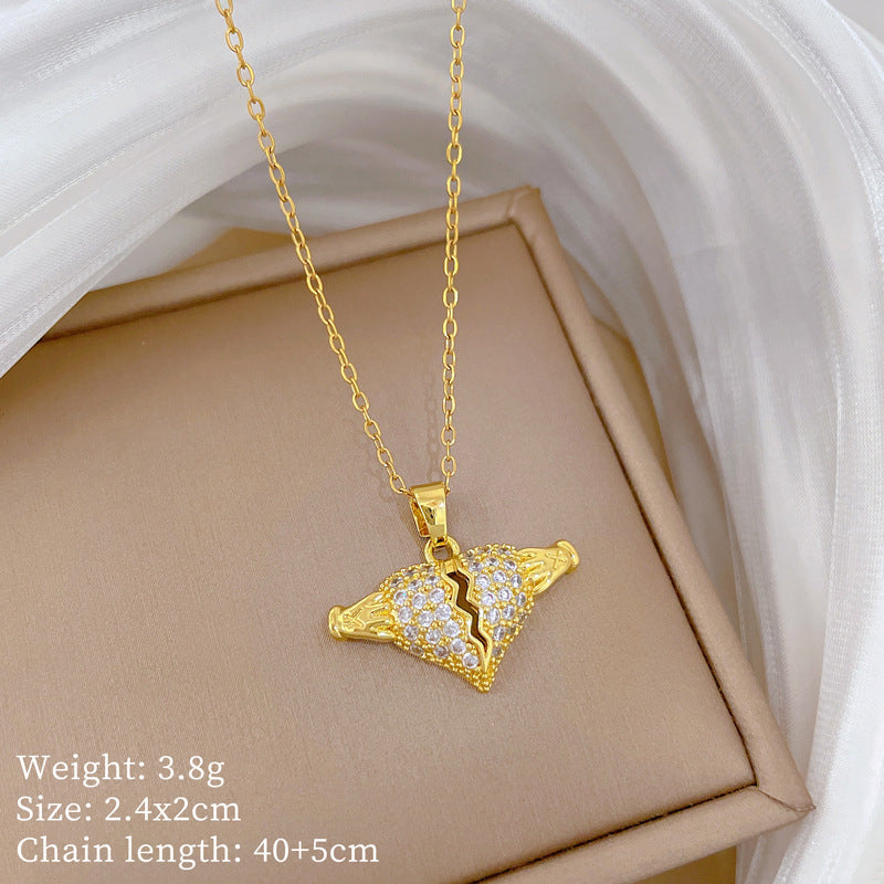 Sweet Minimalist Heart Geometric Rhinestone Titanium Steel Necklace for Unisex