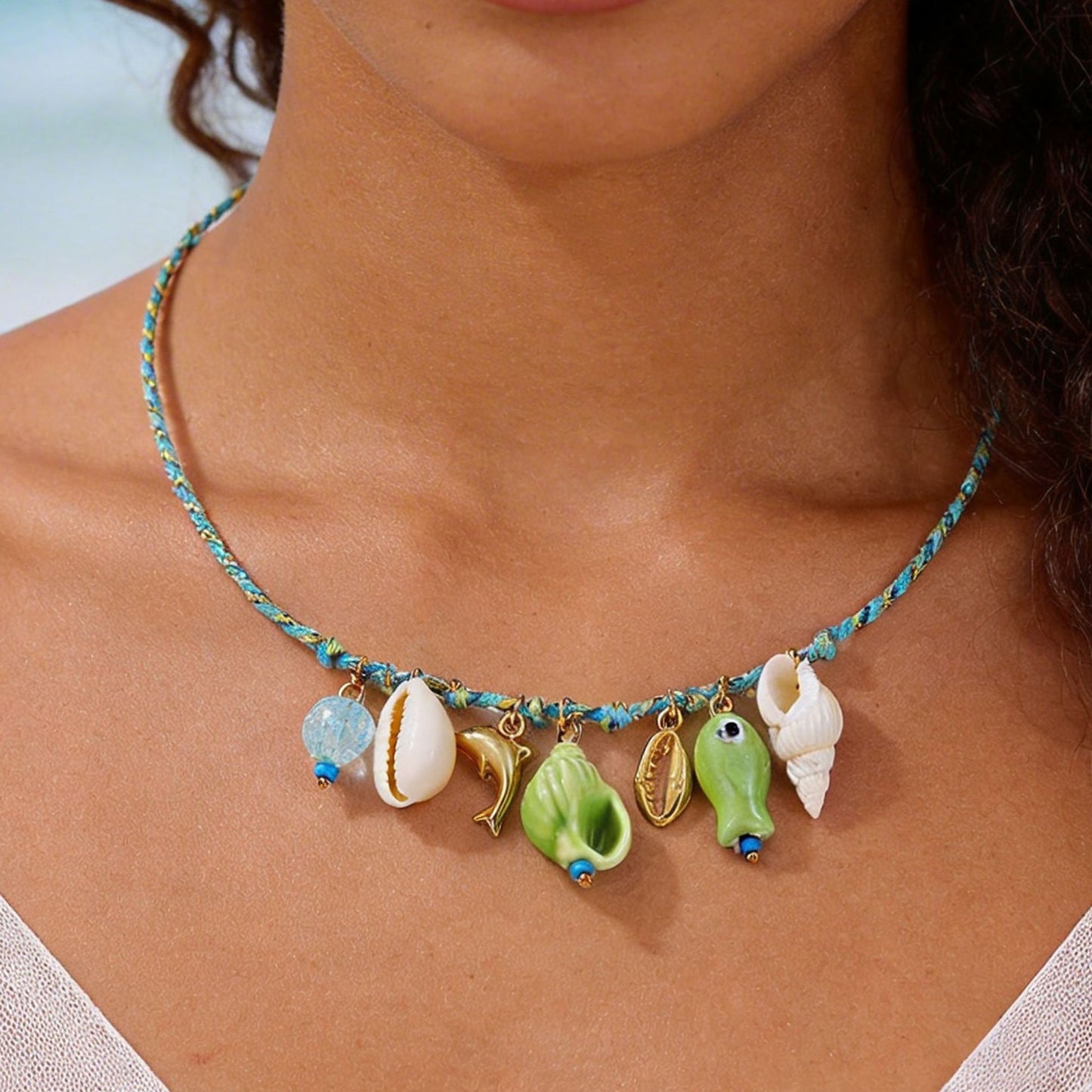 Bohemian Ceramic Shell Dolphin Fish Pendant Necklace with Colorful Cable Chain