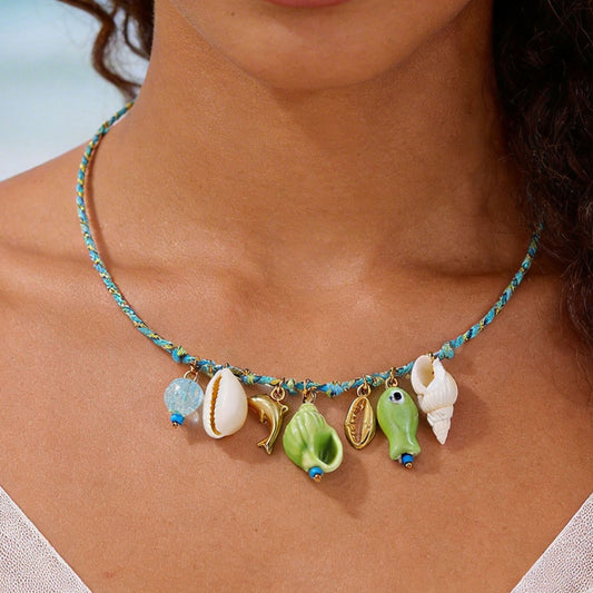 Bohemian Ceramic Shell Dolphin Fish Pendant Necklace with Colorful Cable Chain