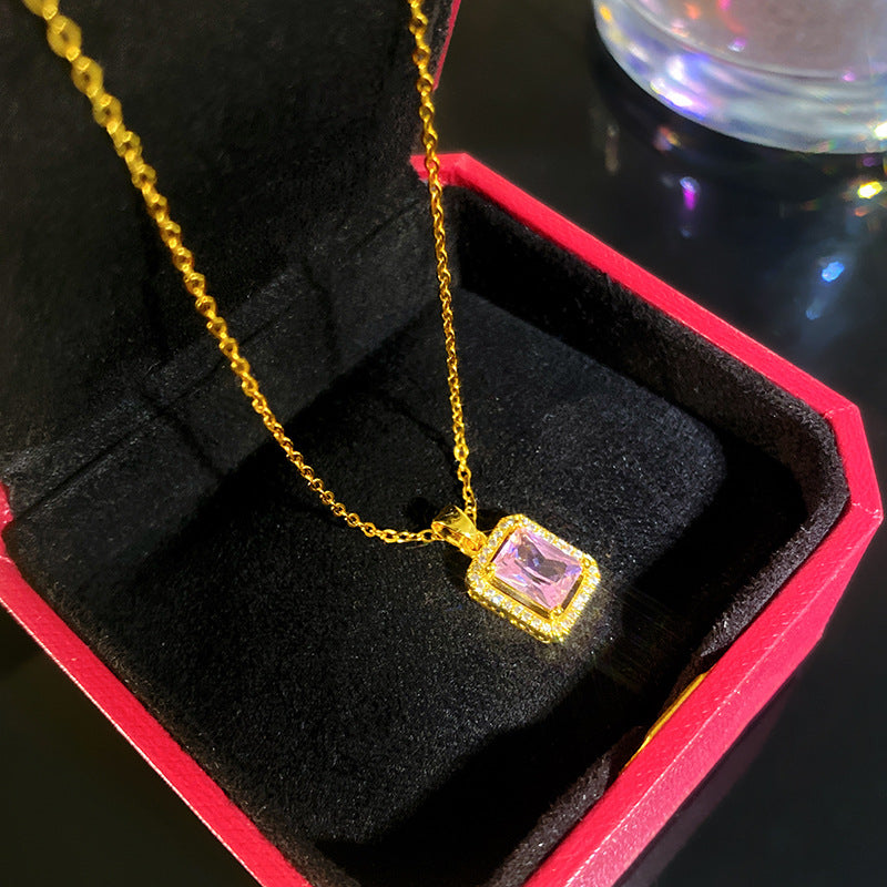 Sporty Sweet Micro-Set Cubic Zirconia Fruit Square Pendant Titanium Steel Cable Chain Necklace