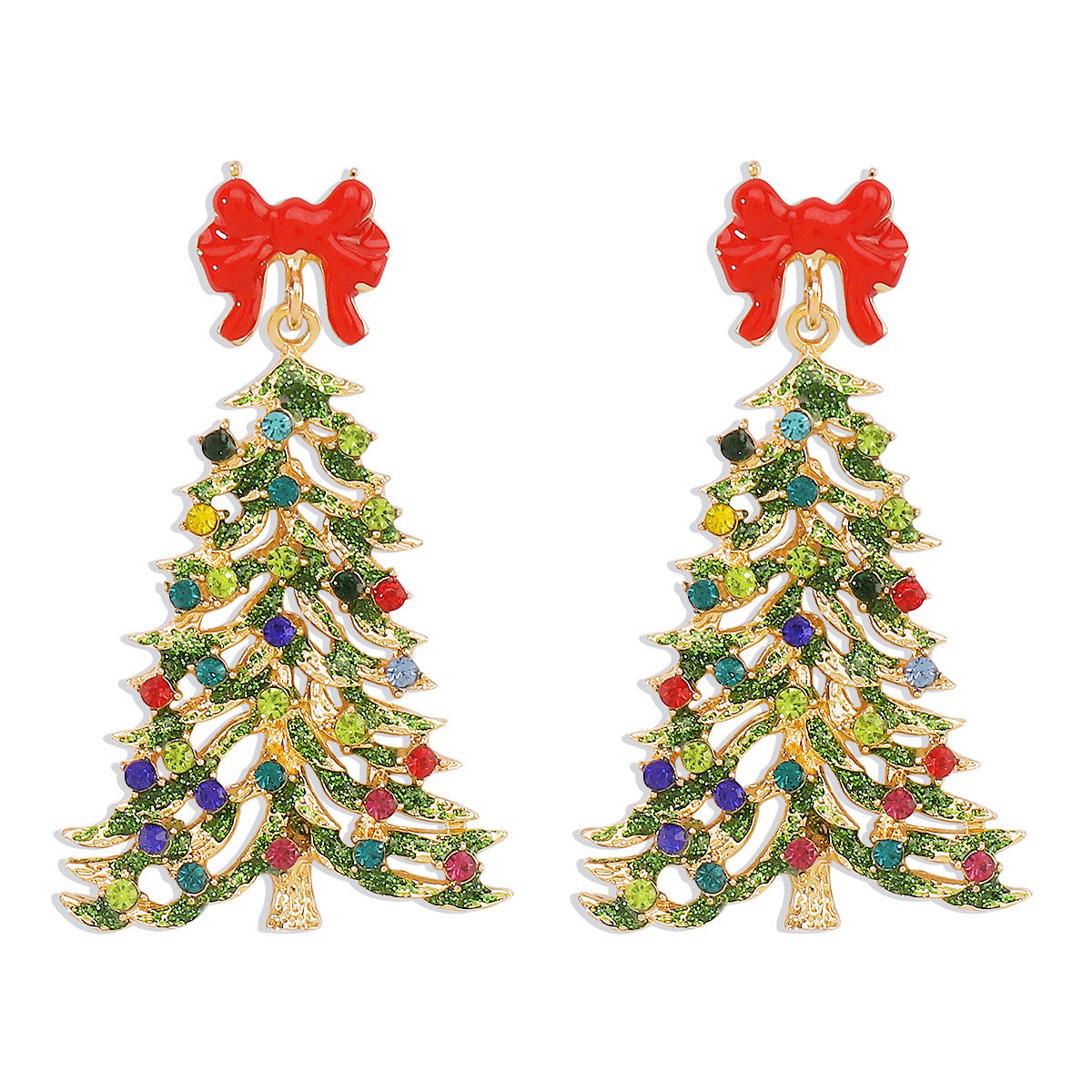 Pendientes geométricos de aleación, dulces y atrevidos, con incrustaciones de pedrería y diseño de árbol de Navidad y estrella para mujer