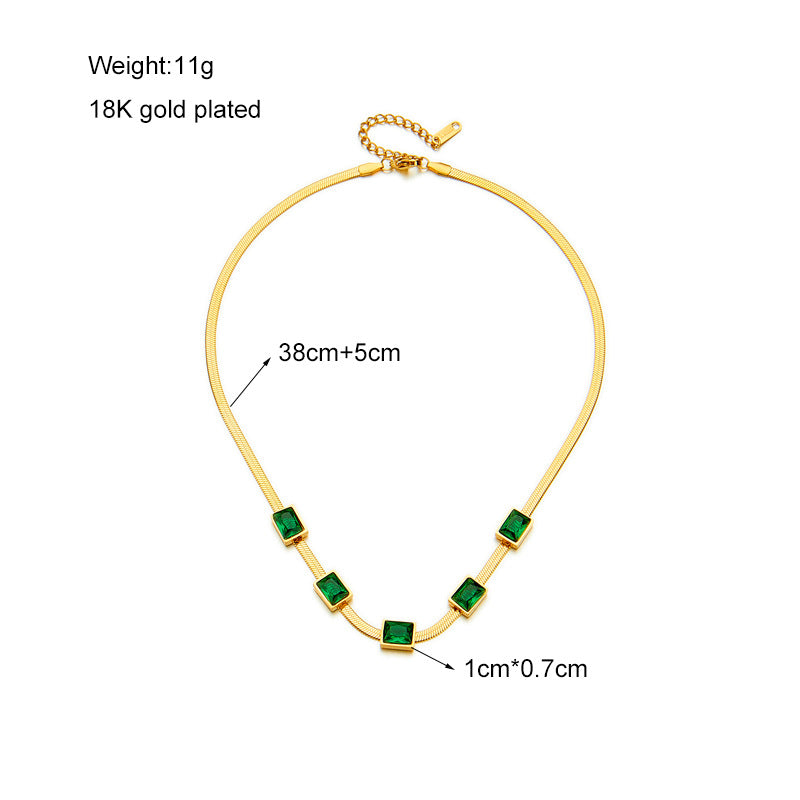 Vintage Minimalist Emerald Green Square Titanium Steel Snake Chain Bracelet and Necklace Set with Plated Finish