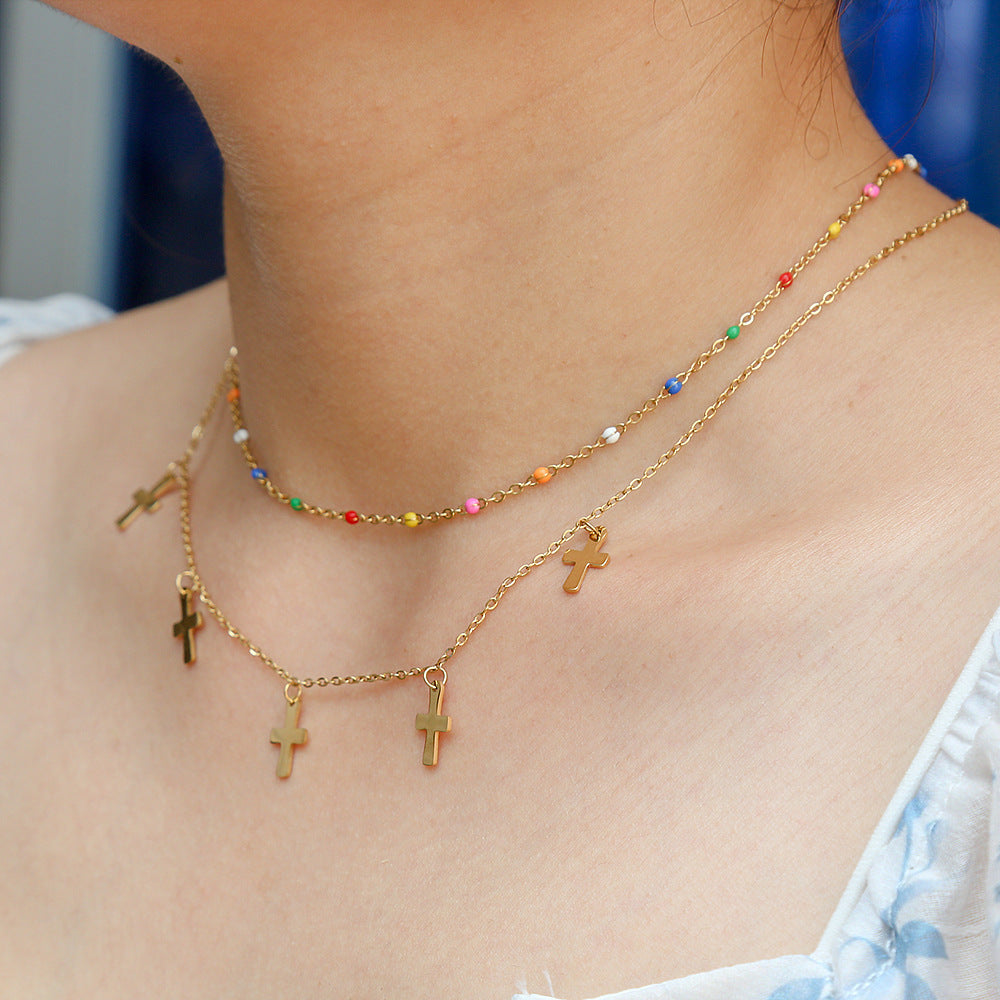 Collana Pendente a Croce Stile Principessa per Donna, Acciaio Inossidabile, Doppia Strato, Acciaio al Titanio, Catena Clavicola con Perline Colorate e Finitura Elettroplaccata