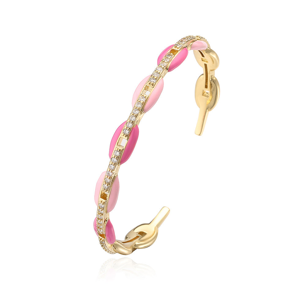 Ins Style Pig Nose Open Bangle Bracelet for Women in Copper with 18K Gold Plating and Colorful Enamel Zirconia