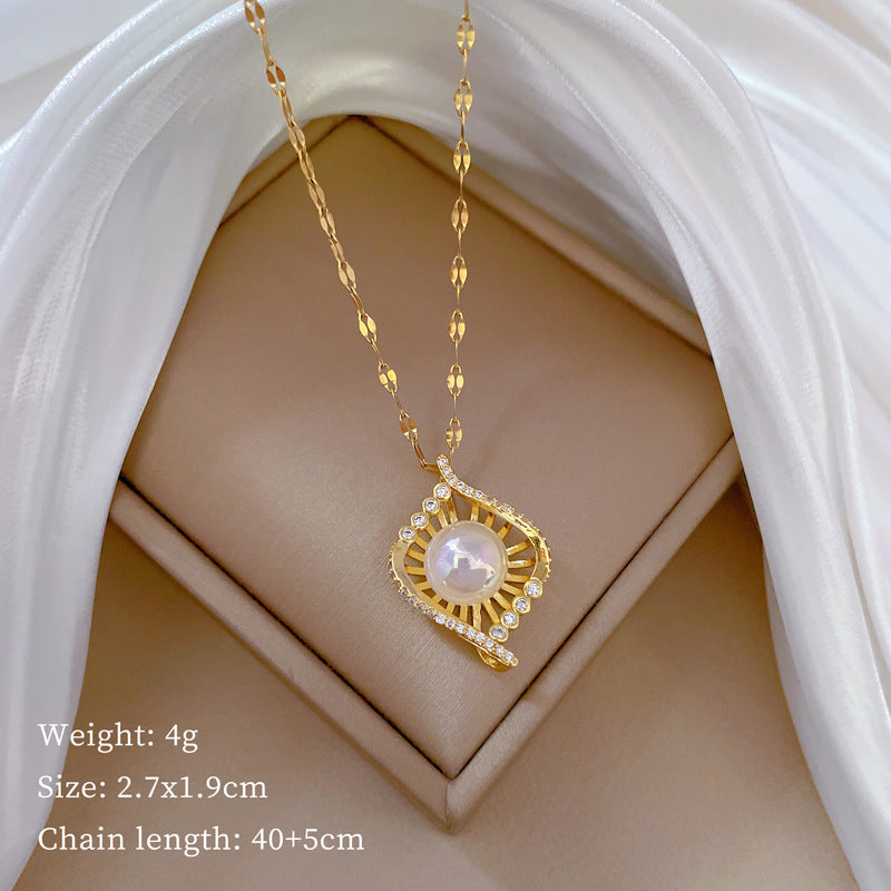 Collana con ciondolo nido di sirena geometrico minimalista da donna con catena in acciaio al titanio e strass