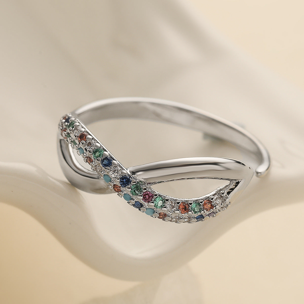 Minimalist Geometric Open Ring for Women Made of Brass with 18K Gold Plating and Multicolor Zircon Inlay