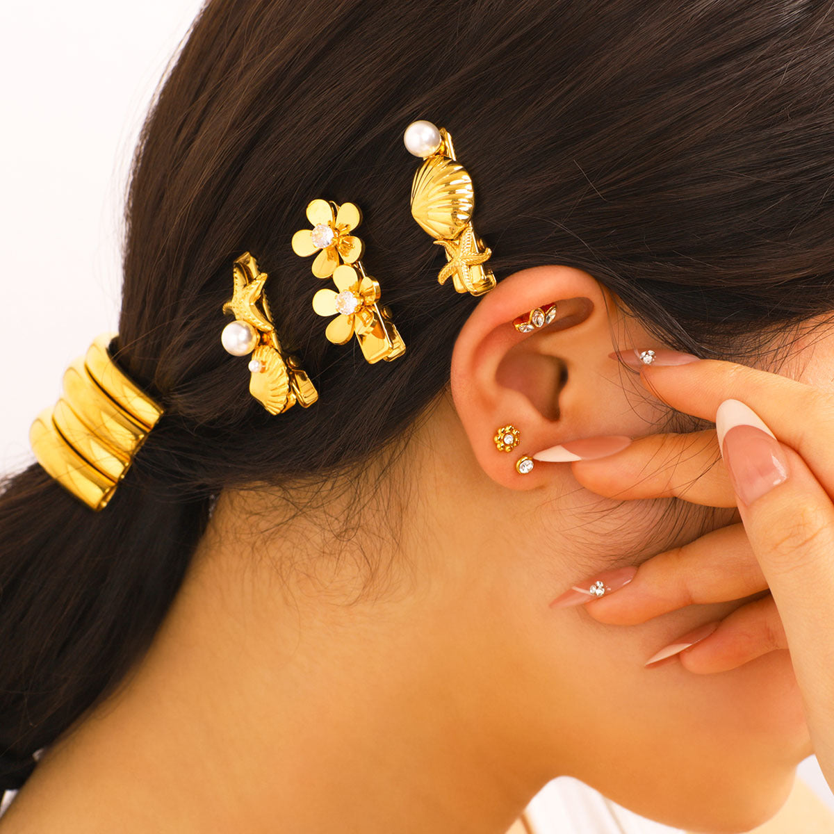 Floral Crown Shaped Zircon Stainless Steel Ear Cuff for Women with Vacuum Plated 18K Gold Finish