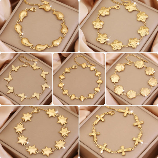 Pulsera de acero inoxidable con diseño personalizado de corazón y flores, con acabado chapado para mujer