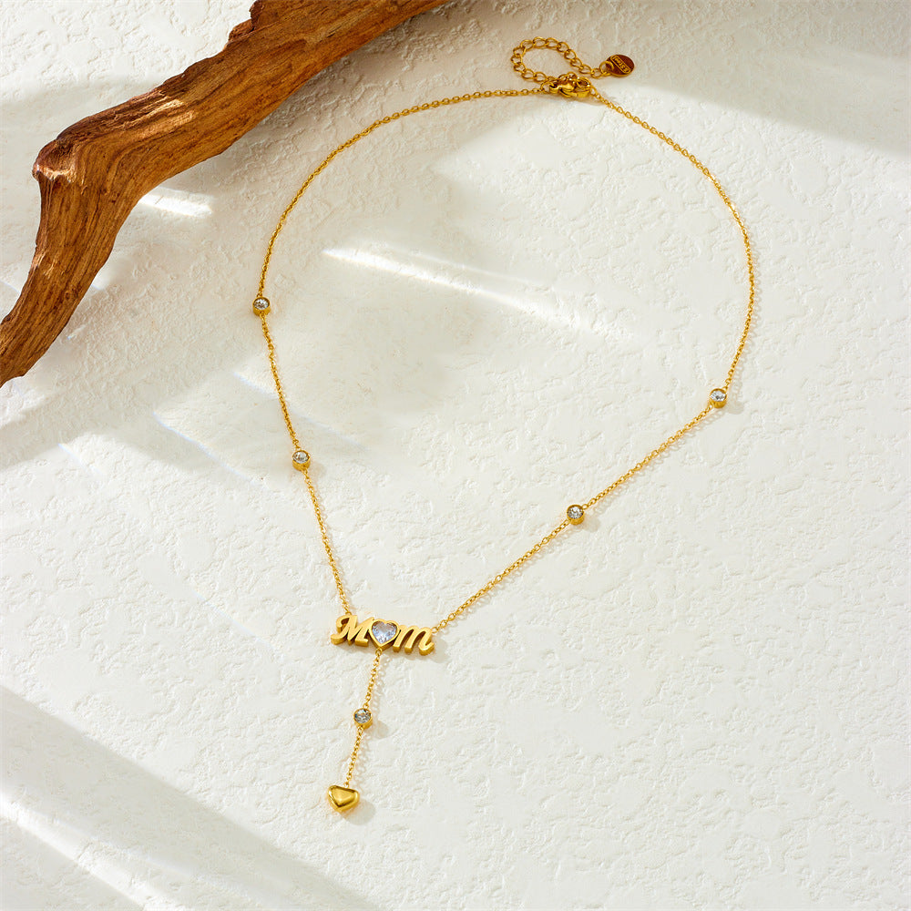 Minimalist Elegant Heart Letter Rhinestone Tassel Stainless Steel Pendant Necklace for Women