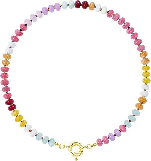 Sweet 8mm Natural Stone Bead Necklace Stainless Steel Geometric Round Ball Chain for Women