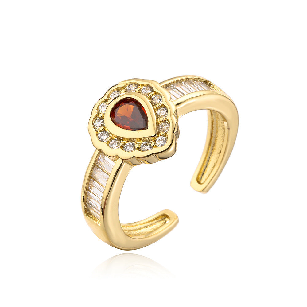 Vintage Geometric Open-Ended Drop-Shaped Ring for Women Made of Brass with 18K Gold Plating and Zircon Inlay
