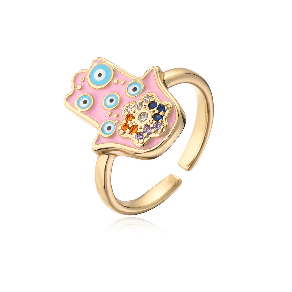 Ins Style Geometric Shaped Copper Ring with Gold Plating and Enamel Evil Eye and Hamsa Hand Design