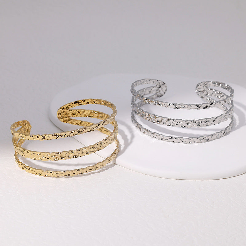 Minimalist Geometric Stainless Steel Bracelet with Irregular Textured Lines for Women