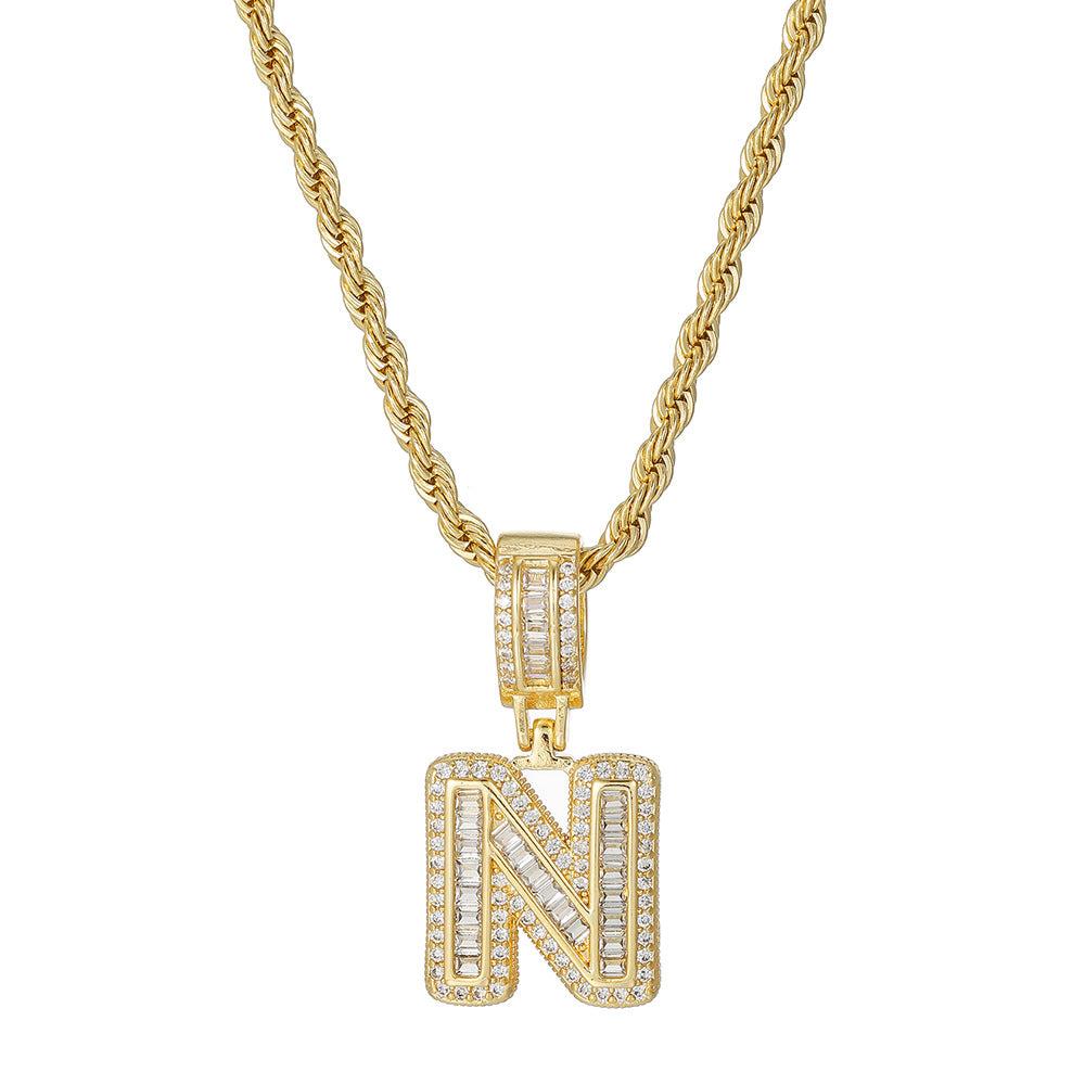 Personalized 18K Gold Plated Brass Cubic Zirconia Letter Pendant Necklace with Stainless Steel Rope Chain