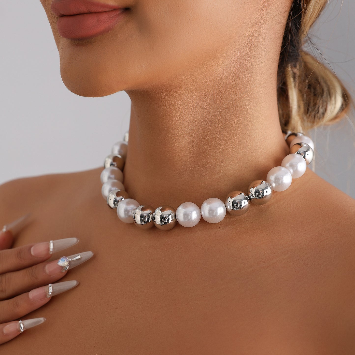 Exaggerated Geometric Silver Plated ABS Necklace with Large Pearl and Alloy Ball Pendant for Women