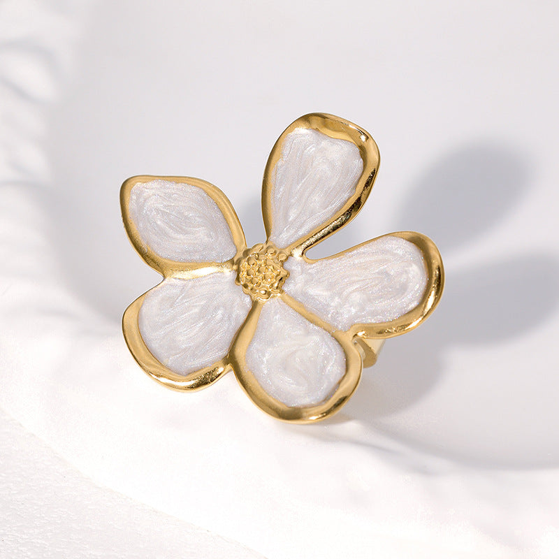 Vintage French-Style Stainless Steel Ring with Enamel Five-Petal Floral Design for Women, Minimalist Adjustable Open Band