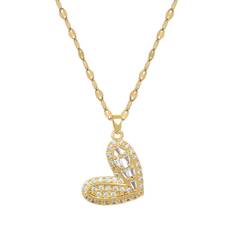 Sweet Micro-Paved Rhinestone Heart Pendant Titanium Steel Necklace for Women