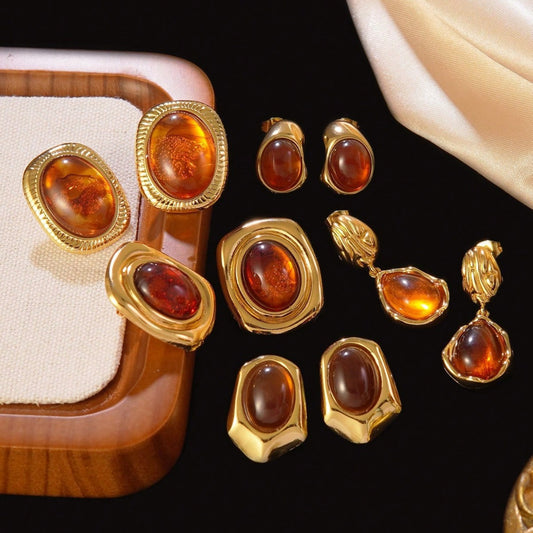 Vintage Elegant Polished Stainless Steel Geometric Oval Tiger's Eye Drop Earrings for Women