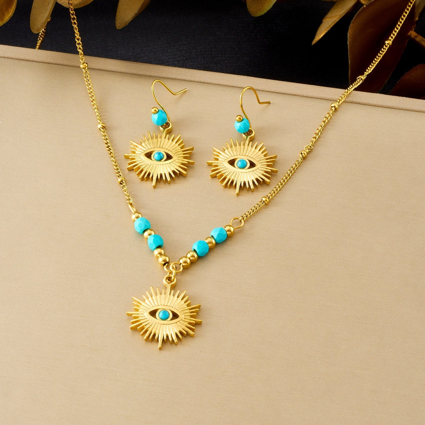 Vintage Gold Plated Stainless Steel Turquoise Eye Bead Pendant Necklace Set for Women