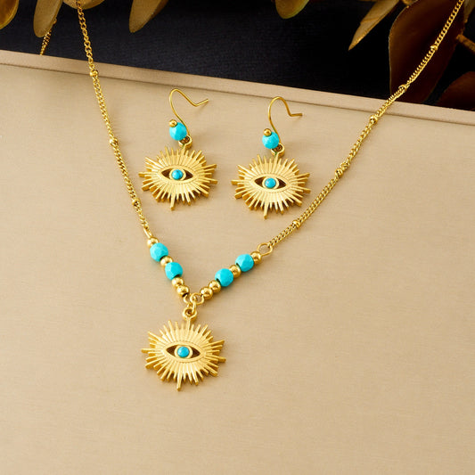 Vintage Gold Plated Stainless Steel Turquoise Eye Bead Pendant Necklace Set for Women