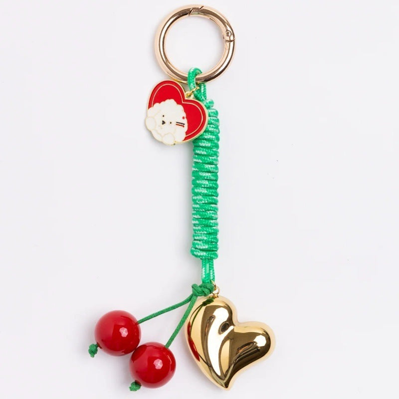 Colorful Rope Heart Cherry Keychain Bag Charm Brass Plated Accessory