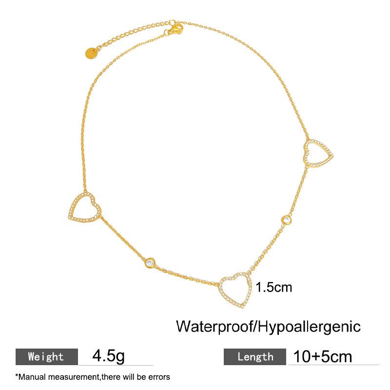 Minimalist Gold Plated Hollow Heart Rhinestone Titanium Steel Necklace for Unisex