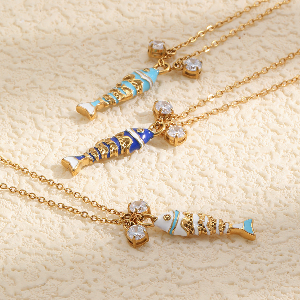 Elegant 18K Gold Plated Stainless Steel Drip Oil Animal Pendant Necklace with Cubic Zirconia for Women