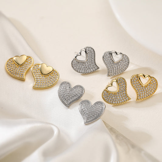 Minimalist Luxe Copper Gold-Plated Zirconia Heart Stud Earrings for Women with Micro-Pavé Setting